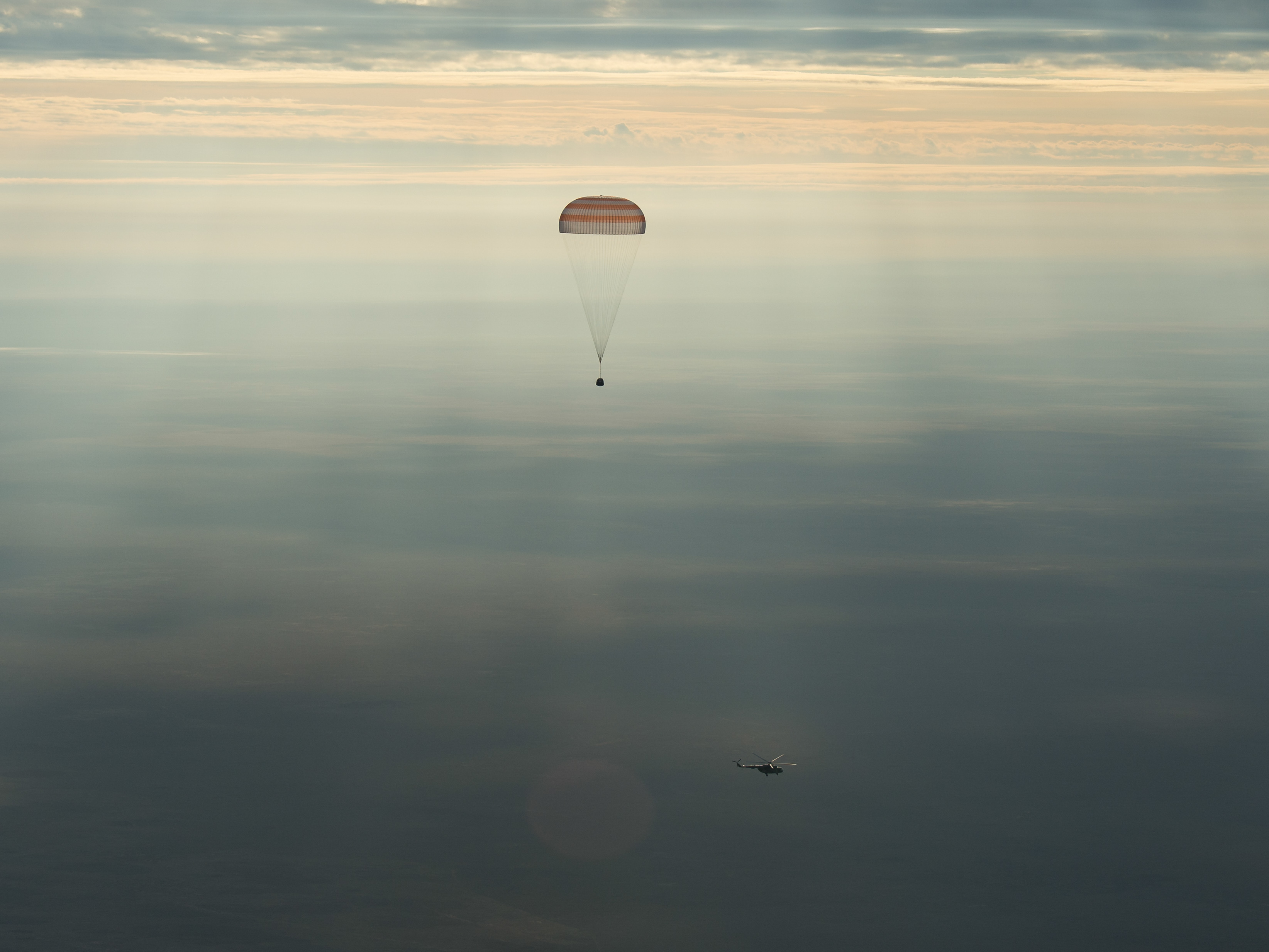 The Soyuz MS-01 spacecraft as it lands with NASA astronaut Kate Rubins, Russian cosmonaut Anatoly Ivanishin and astronaut Takuya Onishi of the Japan Aerospace Exploration Agency on Sunday.