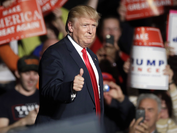 Republican presidential candidate Donald Trump addresses a rally at Macomb Community College in Warren, Mich., on Monday.