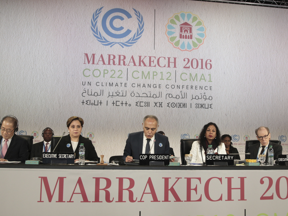 International officials at the opening session of the climate conference in Marrakech. (Mosa'ab Elshamy/AP)