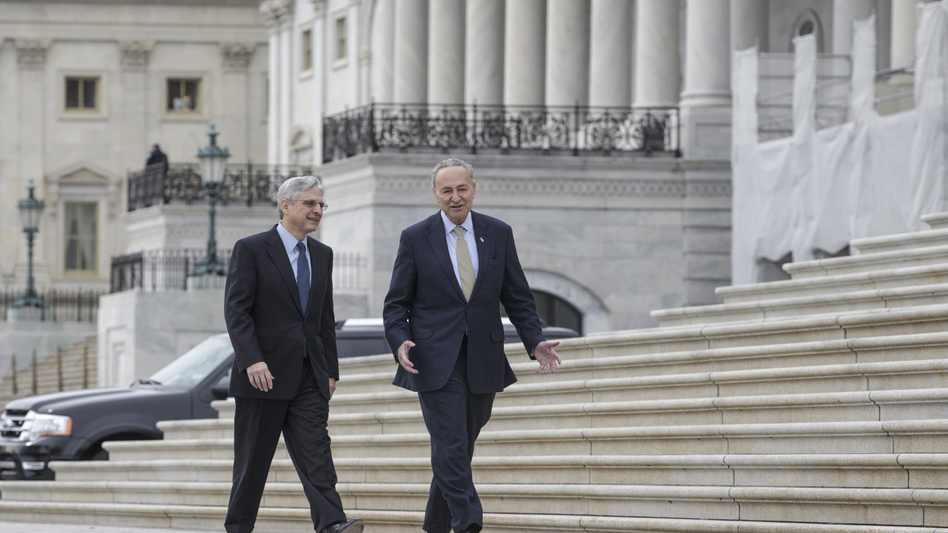 Supreme Court nominee Merrick Garland, left, walks with Sen. Chuck Schumer, D-N.Y., in March at the Capitol in Washington. Schumer is expected to become the new Senate minority leader, but with Donald Trump's election as president, Garland's nomination is done. (J. Scott Applewhite/AP)