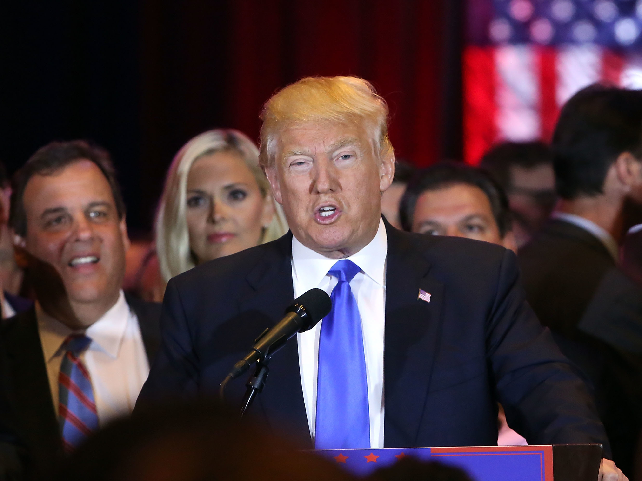 Donald Trump speaks to supporters and the media at Trump Towers in New York on April 26. (Getty Images)