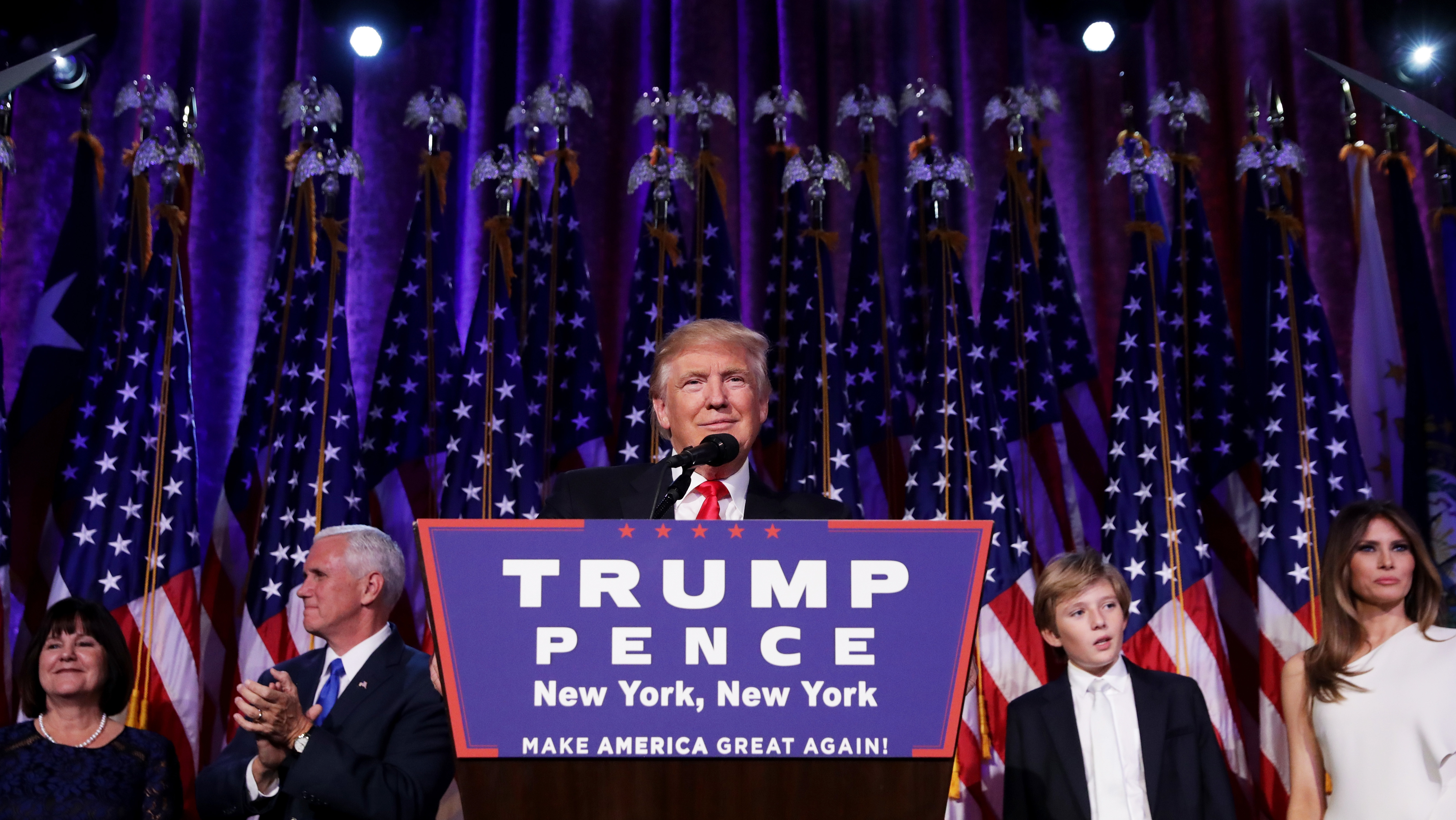 Republican president-elect Donald Trump delivers his acceptance speech during his election night event in New York City. (Getty Images)