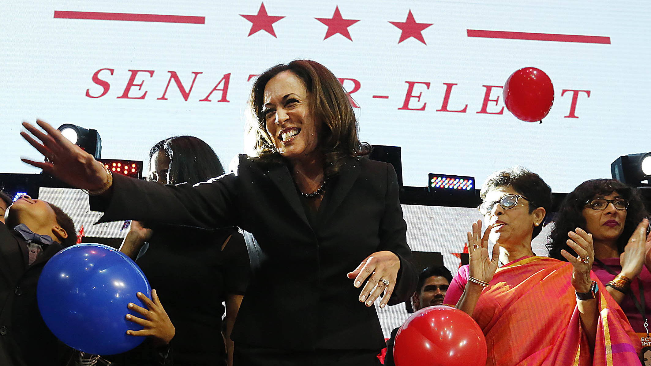 Kamala Harris celebrates winning her Senate race Tuesday in Los Angeles. Harris, who's African-American and South Asian-American, is the first biracial woman elected to the Senate. (LA Times via Getty Images)