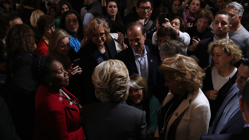 Hillary Clinton greets supporters and members of her staff ahead of her concession speech Wednesday at the New Yorker Hotel in New York City. (Justin Sullivan/Getty Images)