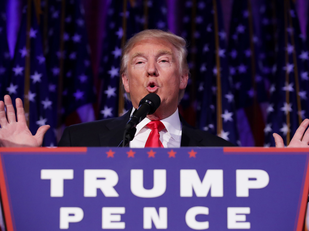 Republican president-elect Donald Trump delivers his acceptance speech.