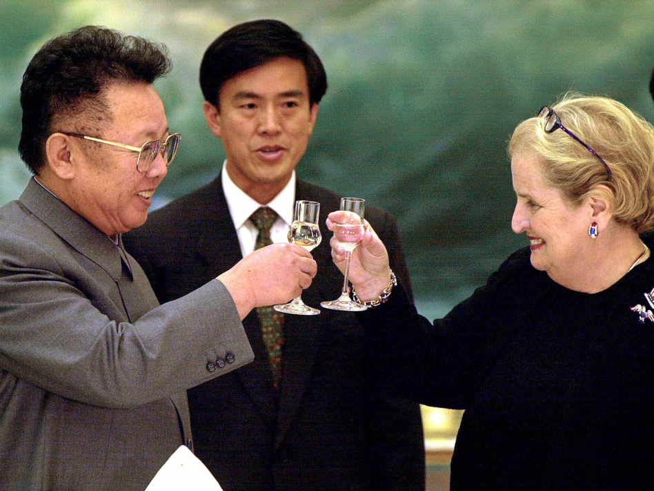 Then-Secretary of State Madeleine Albright and North Korean leader Kim Jong Il toast in Pyongyang on Oct. 24, 2000. The U.S. and North Korea signed an agreement six years earlier to curb North Korea's nuclear activities in exchange for aid, but it collapsed in 2002, during the Bush administration. (Chien-Min Chung/AP)