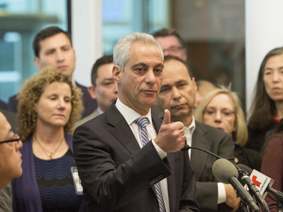Chicago Mayor Rahm Emanuel speaks at a news conference in Chicago, saying that the outcome of the presidential election will not change Chicago's commitment as a sanctuary city for immigrants. (Teresa Crawford/AP)