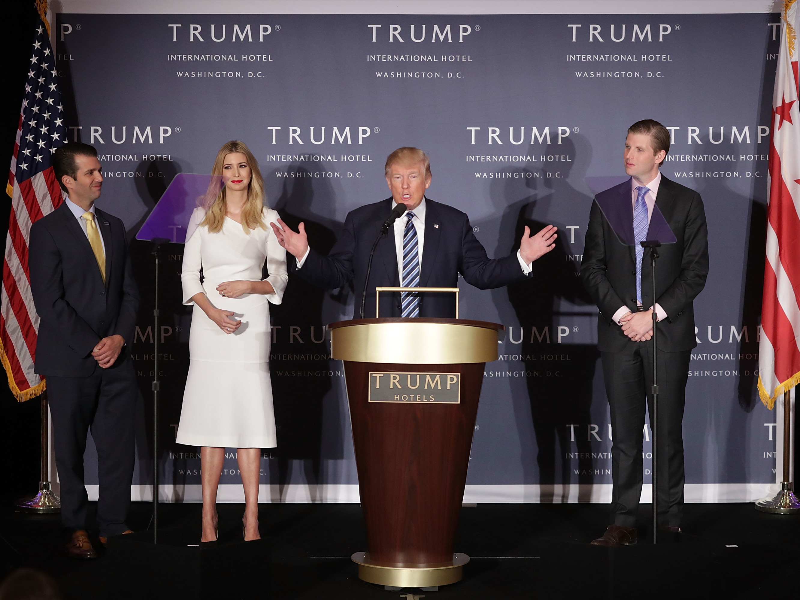 Donald Trump has promised to turn his company over to his three grown children — Donald Trump Jr. (from left), Ivanka and Eric — to run once he's sworn in. (Getty Images)
