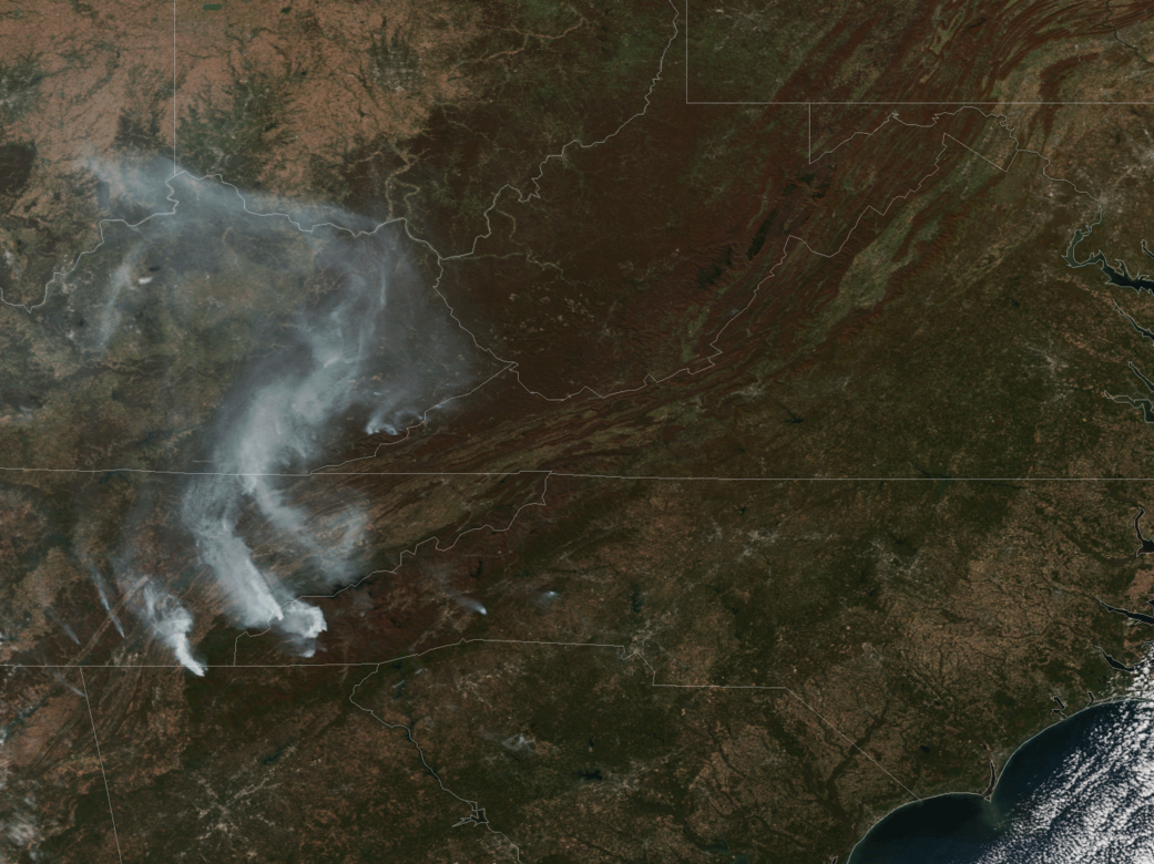 A satellite image shows smoke from wildfires burning in North Carolina, Tennessee and Georgia on Nov. 7.