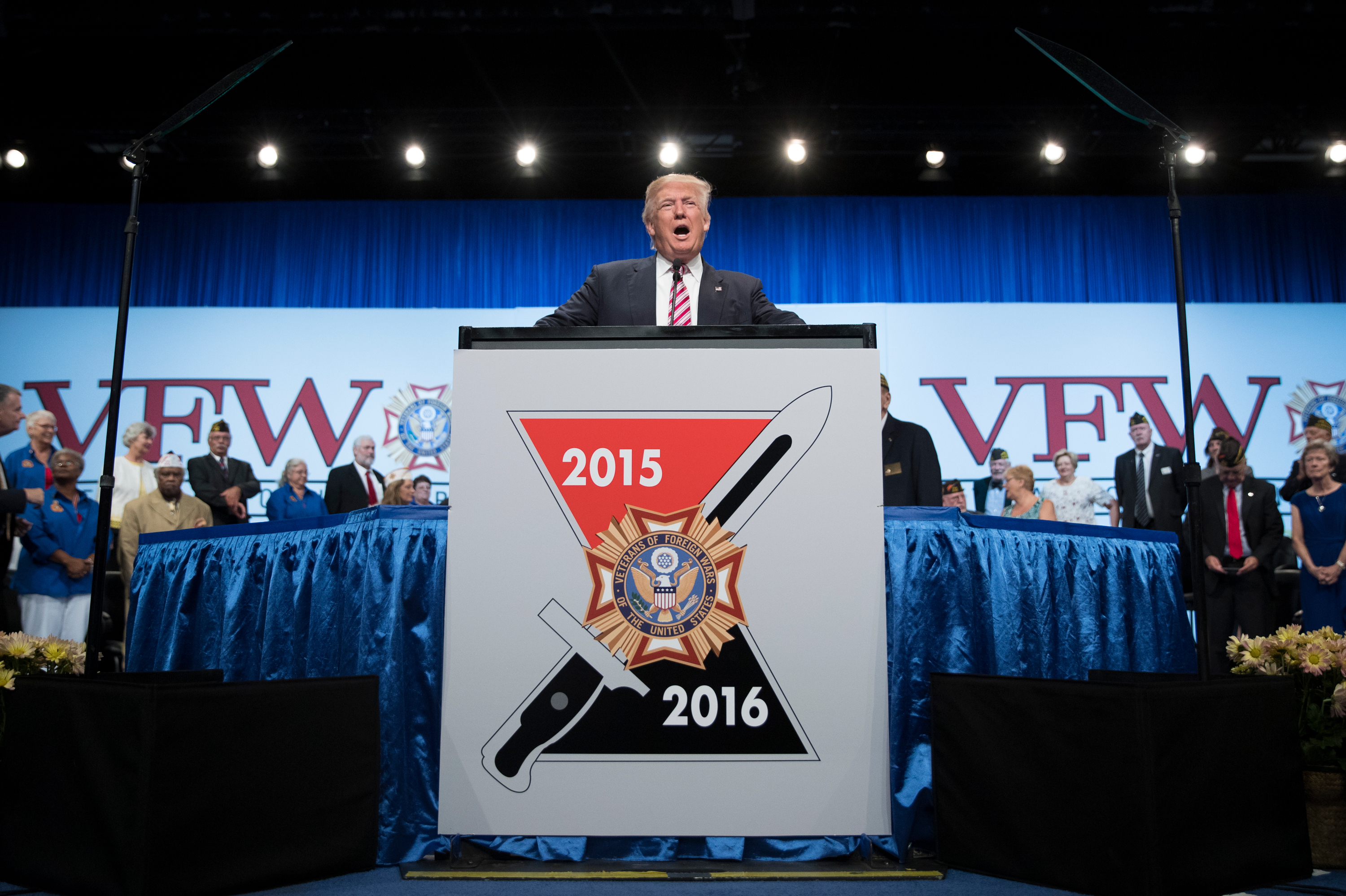 President-elect Donald Trump speaks at the Veterans of Foreign Wars convention in Charlotte, N.C., on July 26. Trump has no military experience, but will become commander in chief at a time when the U.S. is bombing targets in four separate wars.