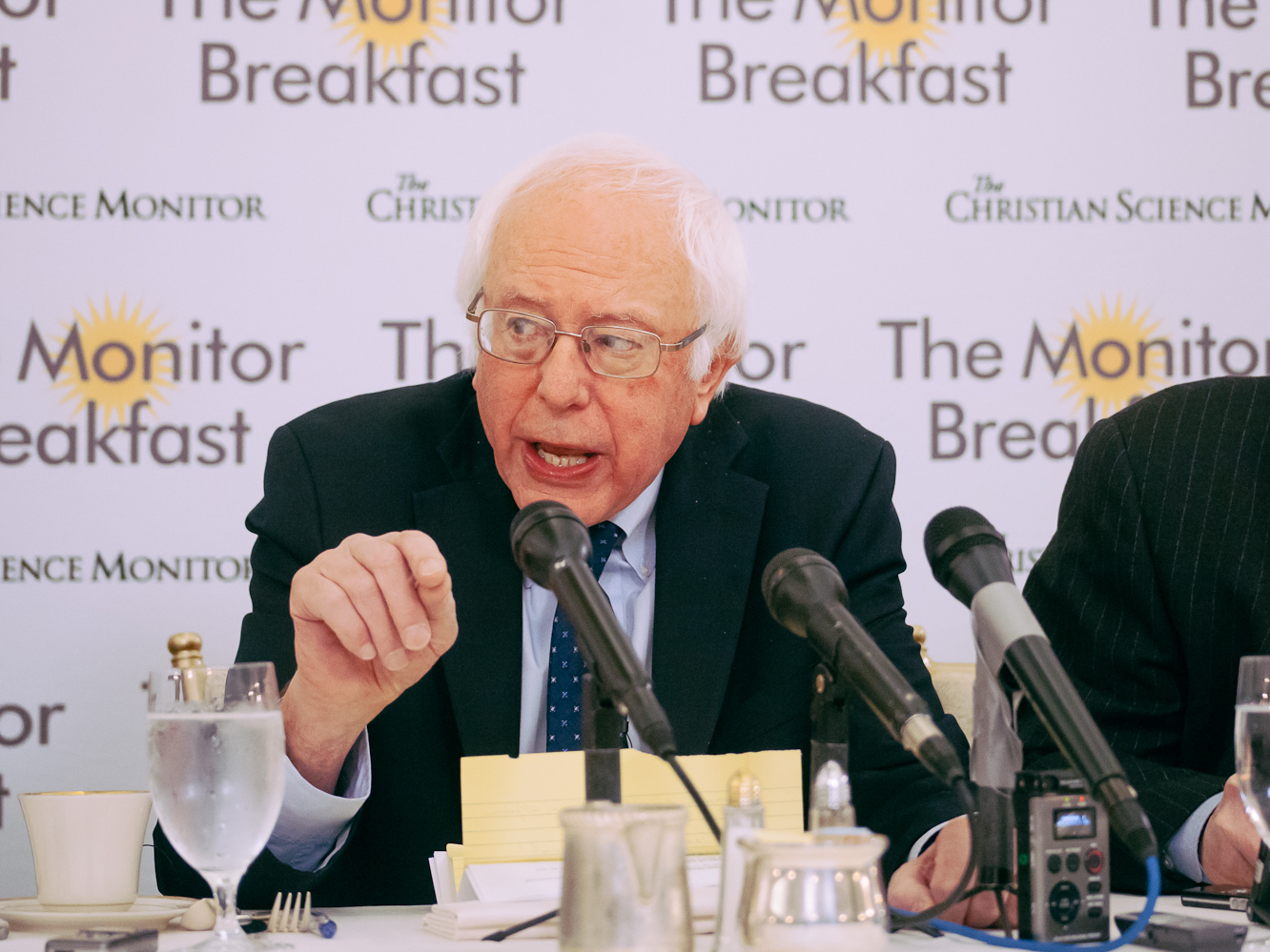 Sen. Bernie Sanders speaks at a <em>Christian Science Monitor</em> breakfast on Thursday morning at the St. Regis Hotel in Washington, D.C.