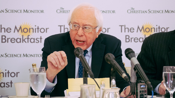 Sen. Bernie Sanders speaks at a Christian Science Monitor breakfast on Thursday morning at the St. Regis Hotel in Washington, D.C.