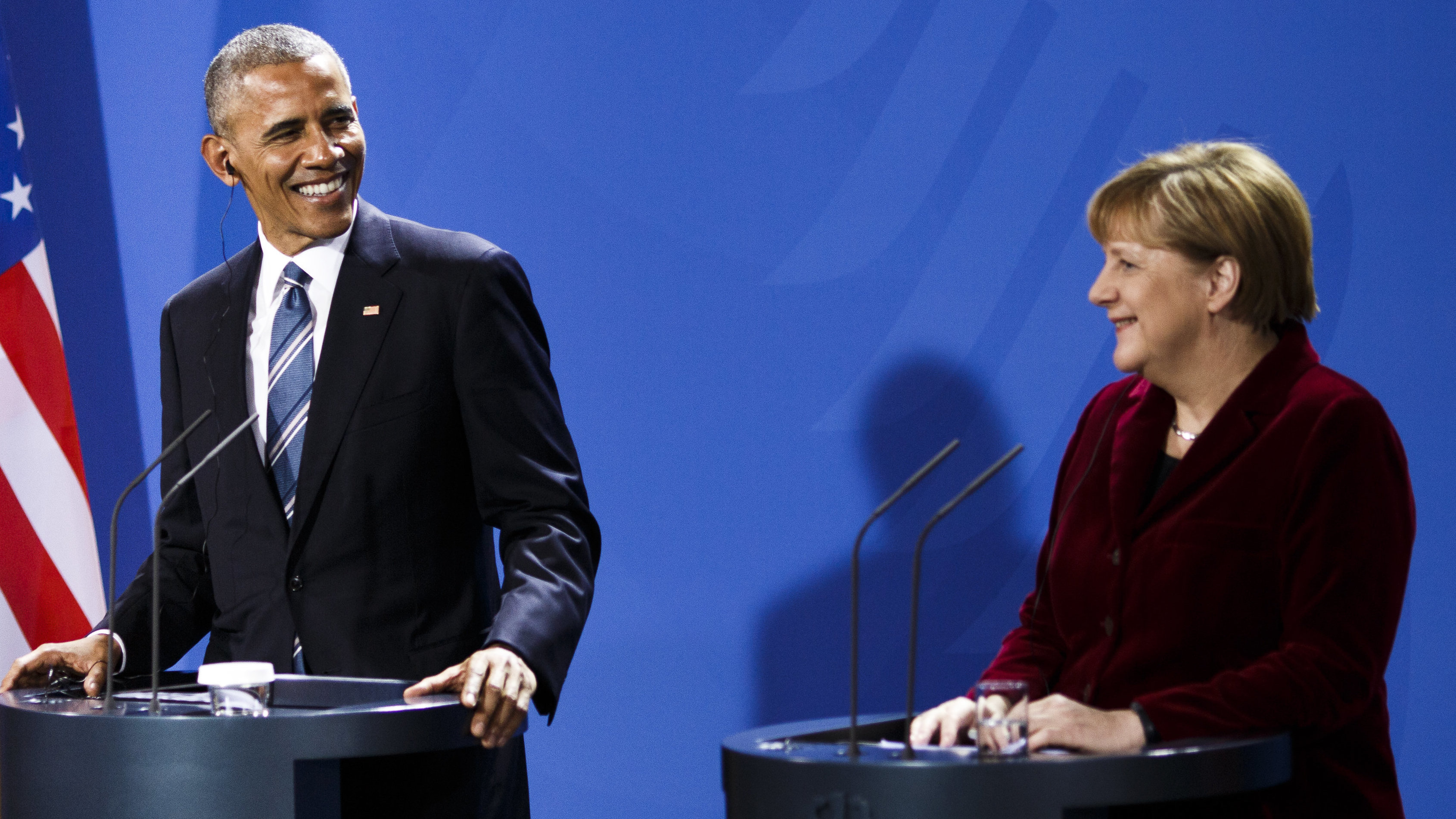 President Barack Obama and German Chancellor Angela stressed the importance of working toward political and economic unity Thursday, during a news conference at the Chancellery in Berlin. (Getty Images)