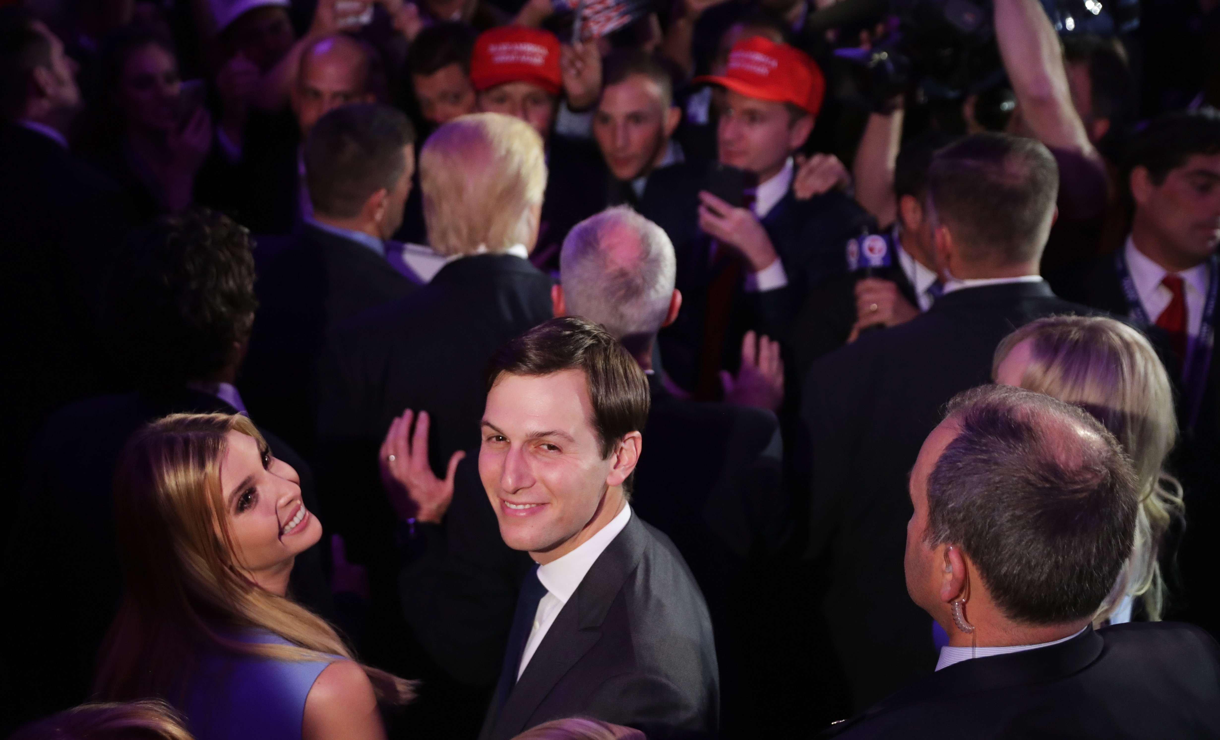 Jared Kushner and his wife, Ivanka Trump, acknowledge the crowd at the New York Hilton Midtown in the early morning hours of Nov. 9 in New York City. (Getty Images)