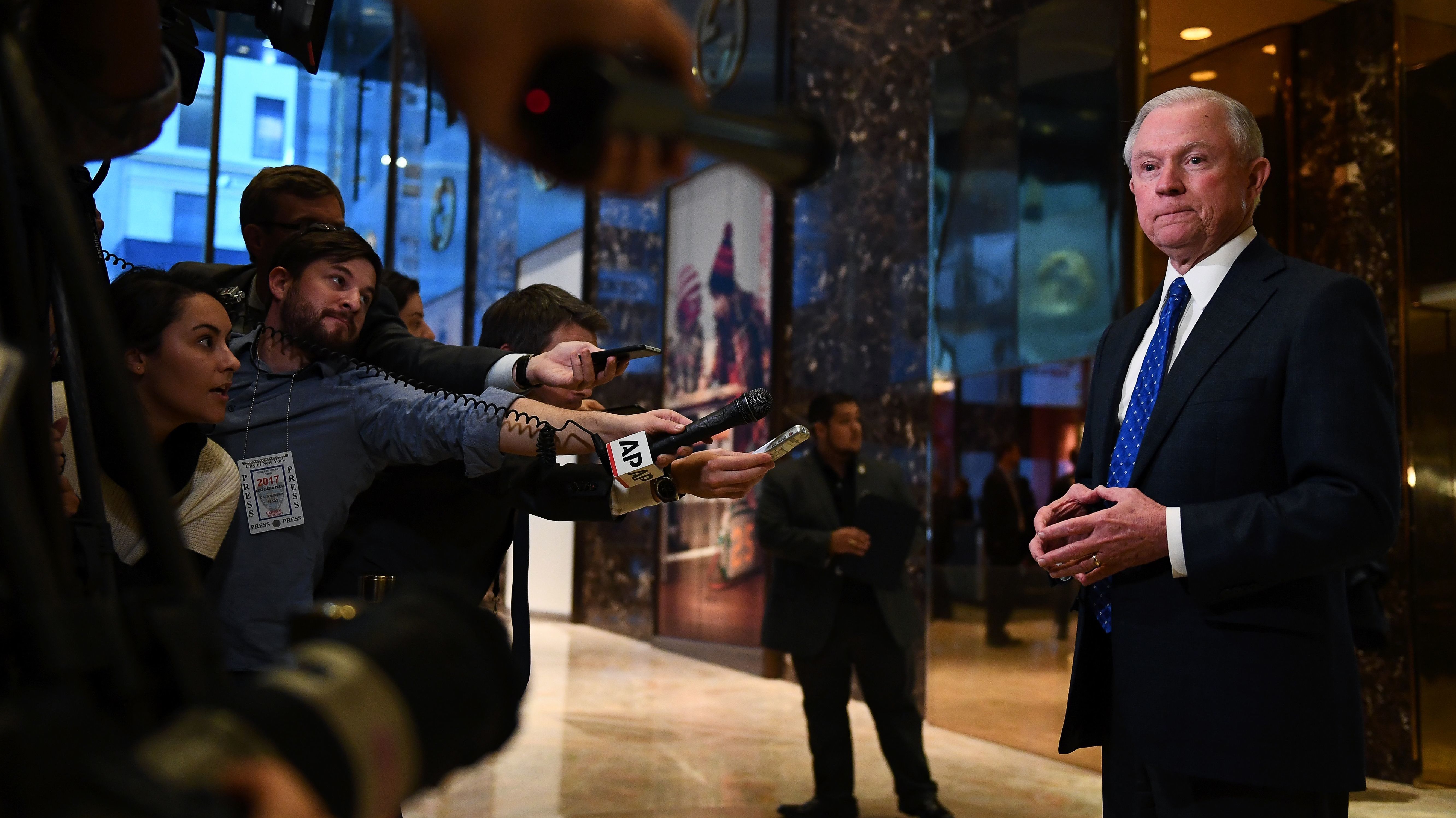 Sen. Jeff Sessions of Alabama talks to the media at Trump Tower in New York Thursday. Sessions was picked to be President-elect Donald Trump's attorney general Friday. (AFP/Getty Images)