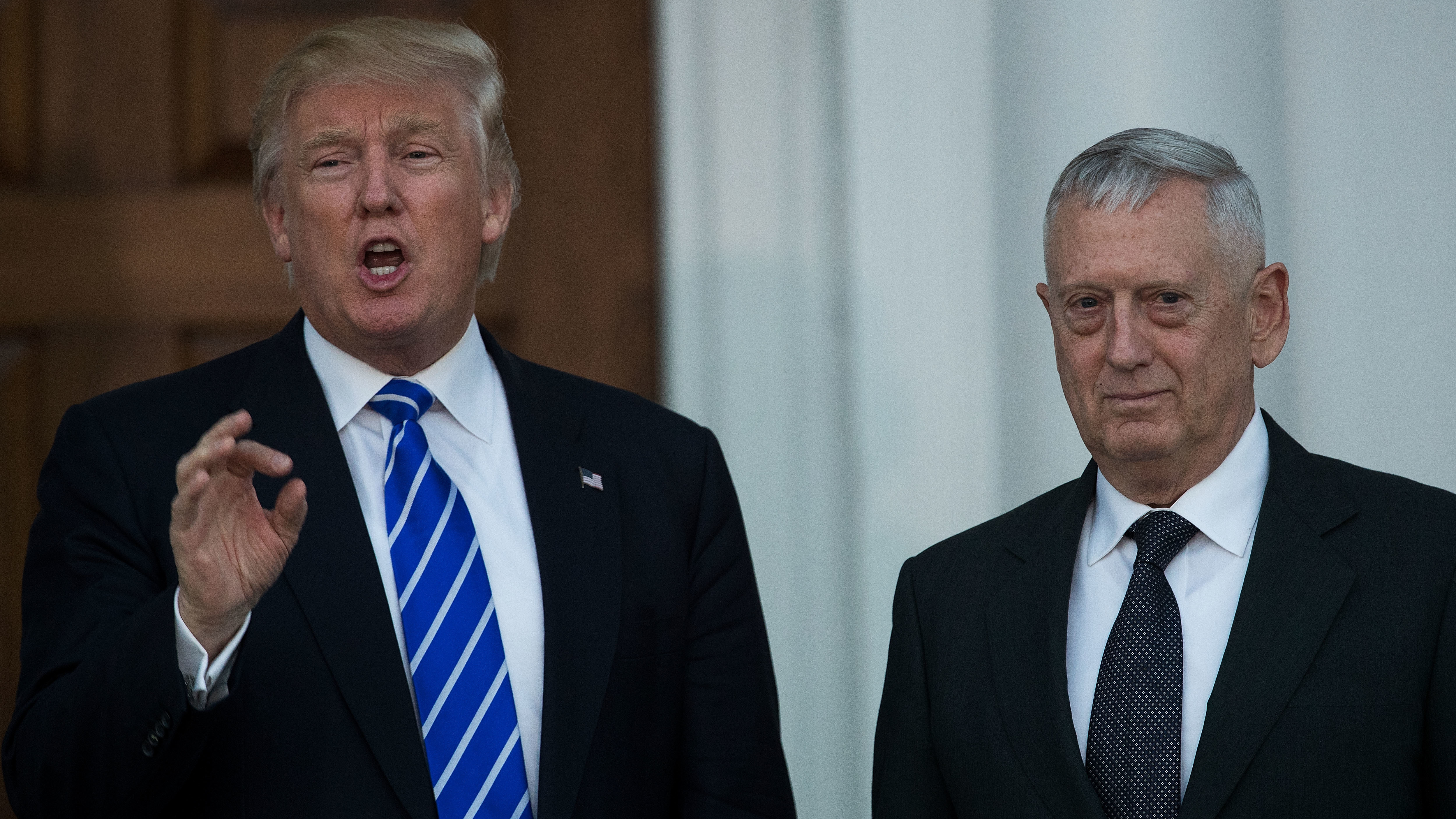 President-elect Donald Trump speaks alongside retired Marine Corps Gen. James Mattis after the two met in Bedminster Township, N.J., in late November. (Getty Images)