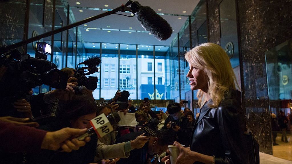 Kellyanne Conway, a senior adviser to President-elect Donald Trump, speaks to the media at Trump Tower on Monday. (AFP/Getty Images)