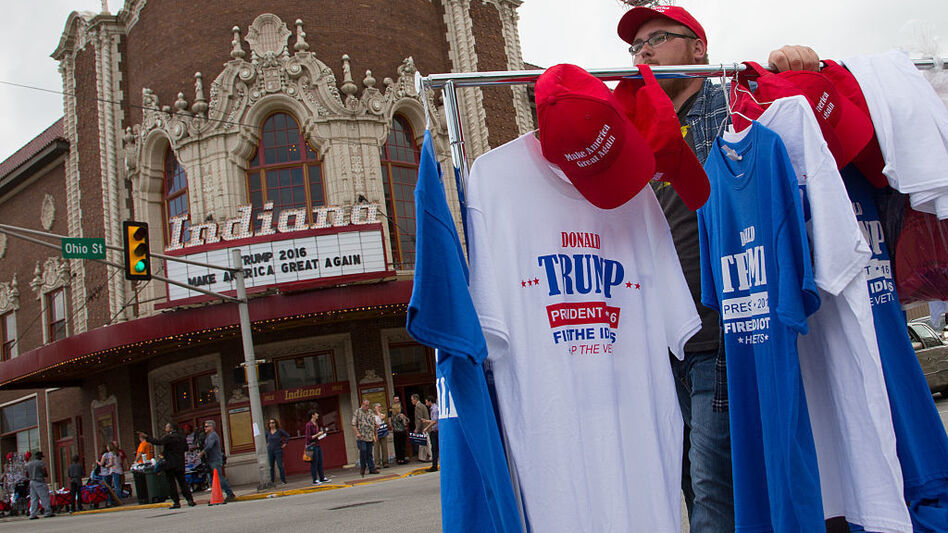 Vendors congregated outside a rally for Republican presidential candidate Donald Trump at the Indiana Theater on May 1, 2016 in Terre Haute, Indiana. (Charles Ledford/Getty Images)