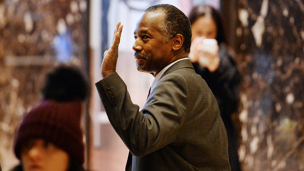 Retired neurosurgeon Ben Carson arrives at Trump Tower last month. The Trump transition office announced early Monday Carson will be nominated to be HUD secretary. (Bloomberg via Getty Images)