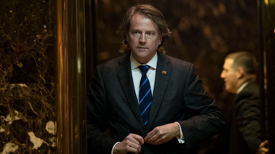 Donald McGahn, general counsel for the Trump transition team, gets into an elevator in the lobby at Trump Tower last week. On Friday, President-elect Trump announced McGahn would be his White House counsel. (Drew Angerer/Getty Images)