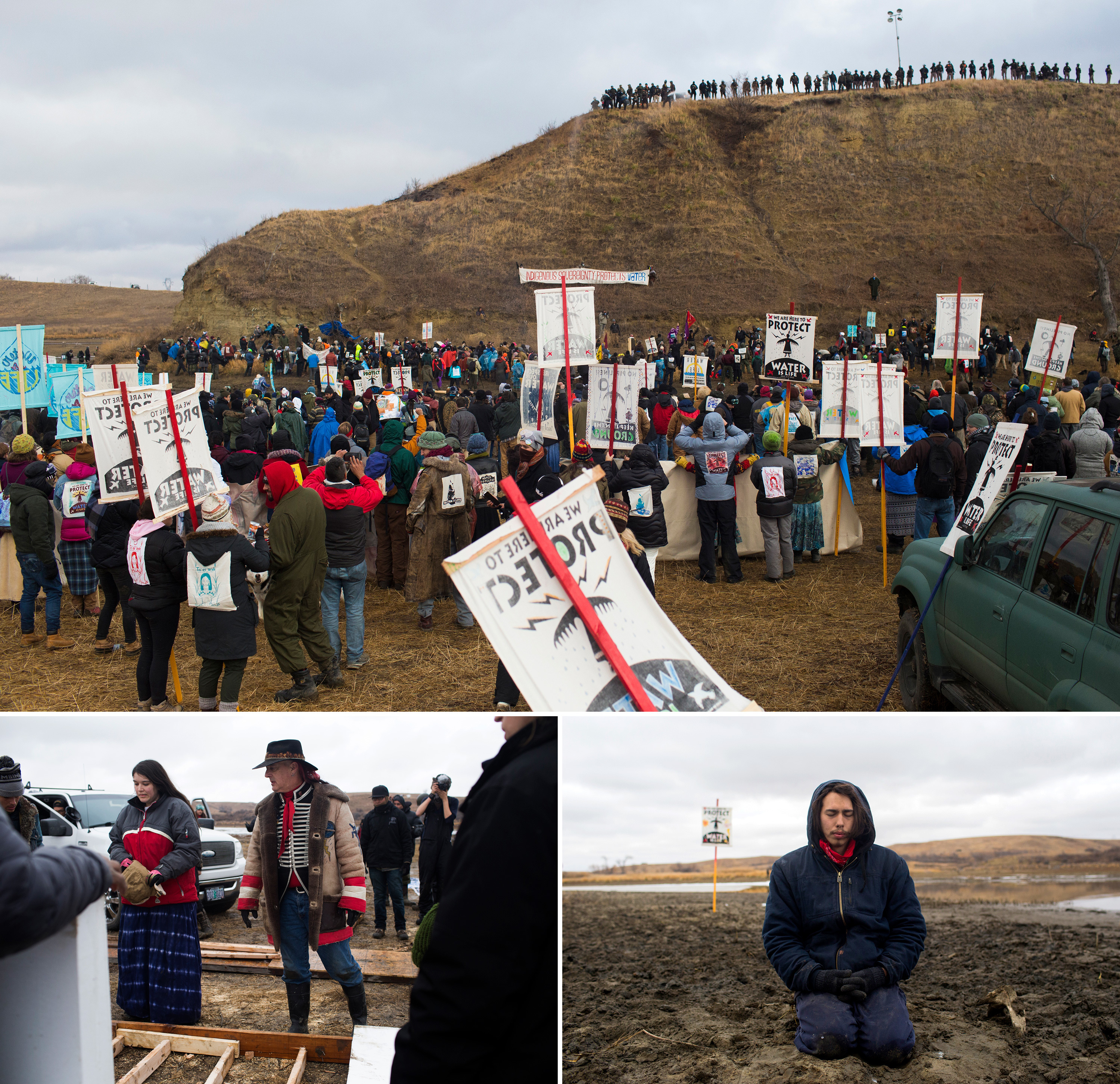 Protesters work on the bridge to Turtle Island. After they crossed, protesters say they conversed with police without clashing.
(Cassi Alexandra for NPR)