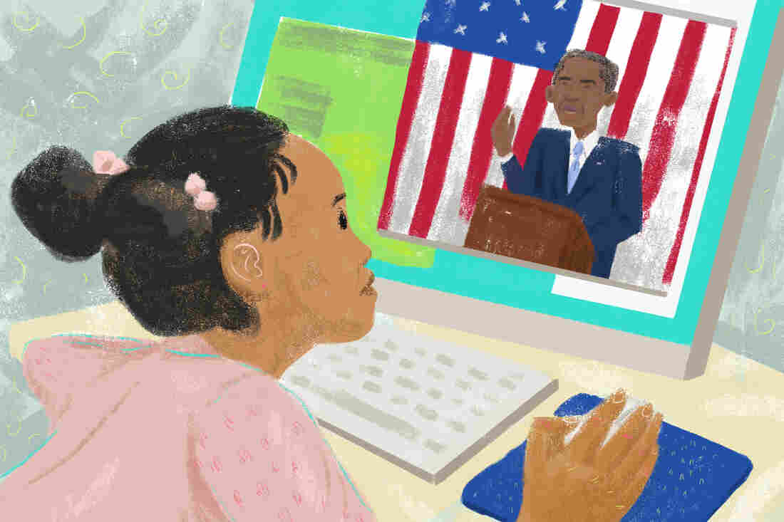 Young girl watches Obama speak in a video.