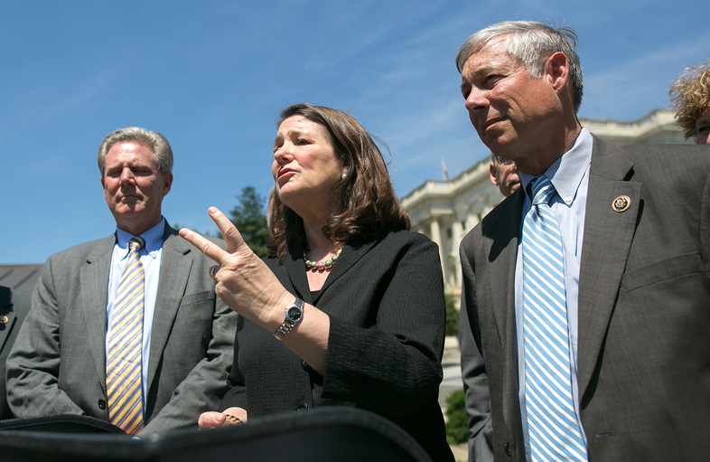 Rep. Diana DeGette, D-Colo., and Rep. Fred Upton (right), R-Mich., who have spearheaded the 21st Century Cures Act, speak after a 2015 House of Representatives vote in its favor. (Congressional Quarterly/CQ-Roll Call, Inc./Getty Images)