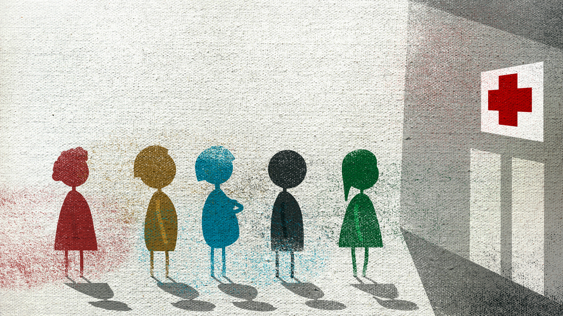 Women wait in line at a health center.