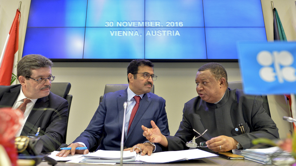 Mohamed Hamel (from left), the chairman of the OPEC Board of Governors; Mohammed Bin Saleh al-Sada, president of the OPEC conference; and OPEC Secretary General Mohammed Barkindo at a meeting of OPEC in Vienna on Wednesday. (Herbert Neubauer/AFP/Getty Images)