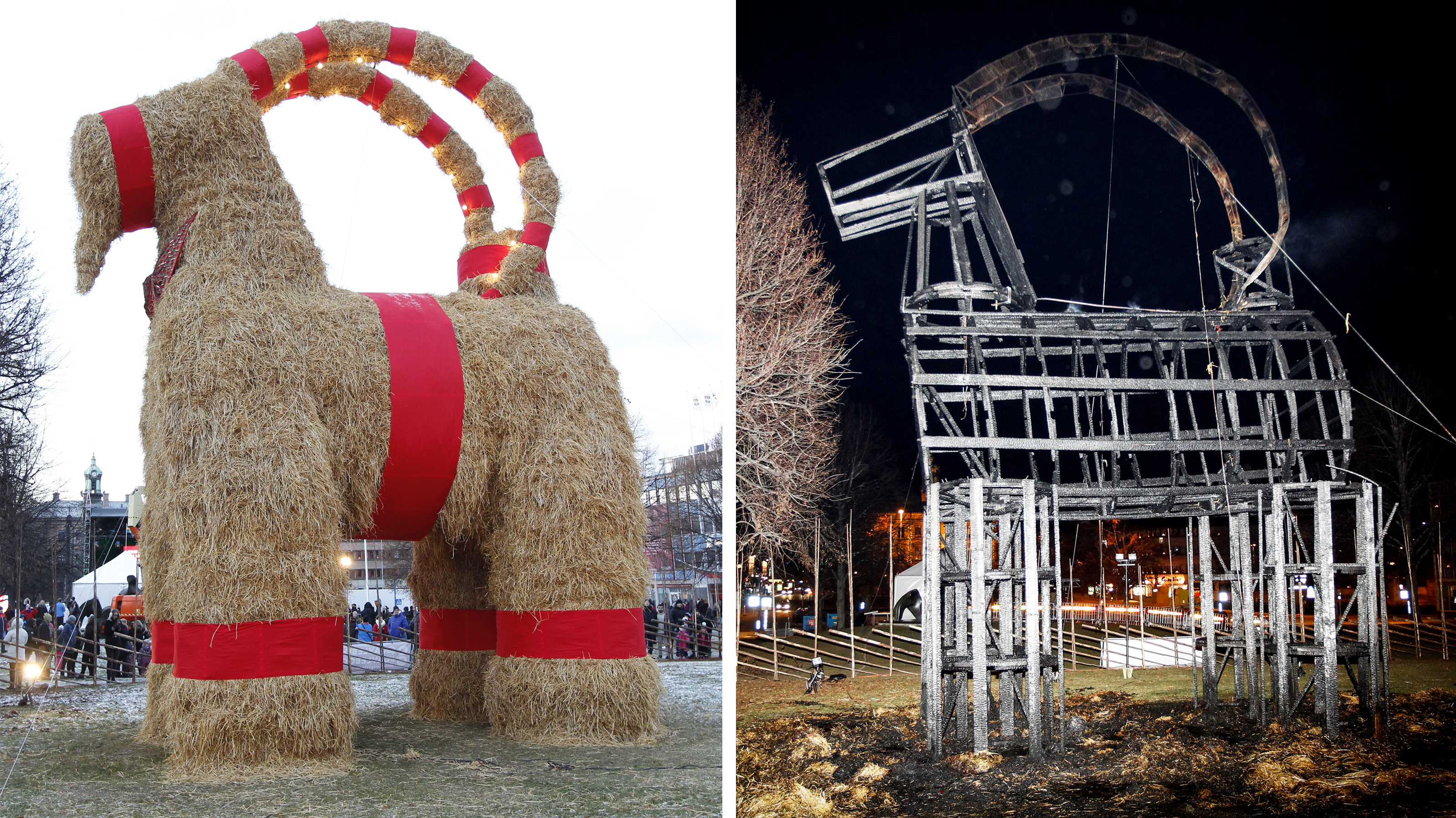 (Left) The traditional Christmas goat made of straw is inaugurated in Gavle, Sweden on Sunday. (Right) The goat was burned down just hours after the inauguration to celebrate its 50th anniversary. The goat has been torched many times over the years. (AFP/Getty Images)