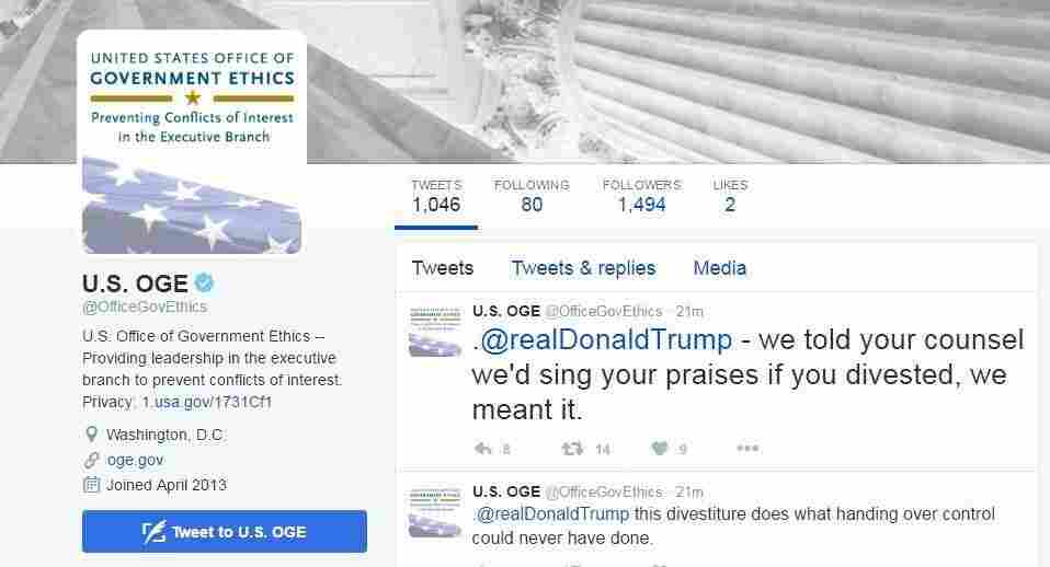 U.S. Office of Government Ethics tweeted at Donald Trump about an alleged plan to divest businesses.