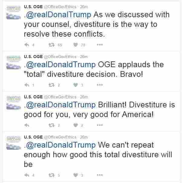 A series of tweets aimed at Trump was posted, deleted, then re-posted from the verified account of the Office of Government Ethics.