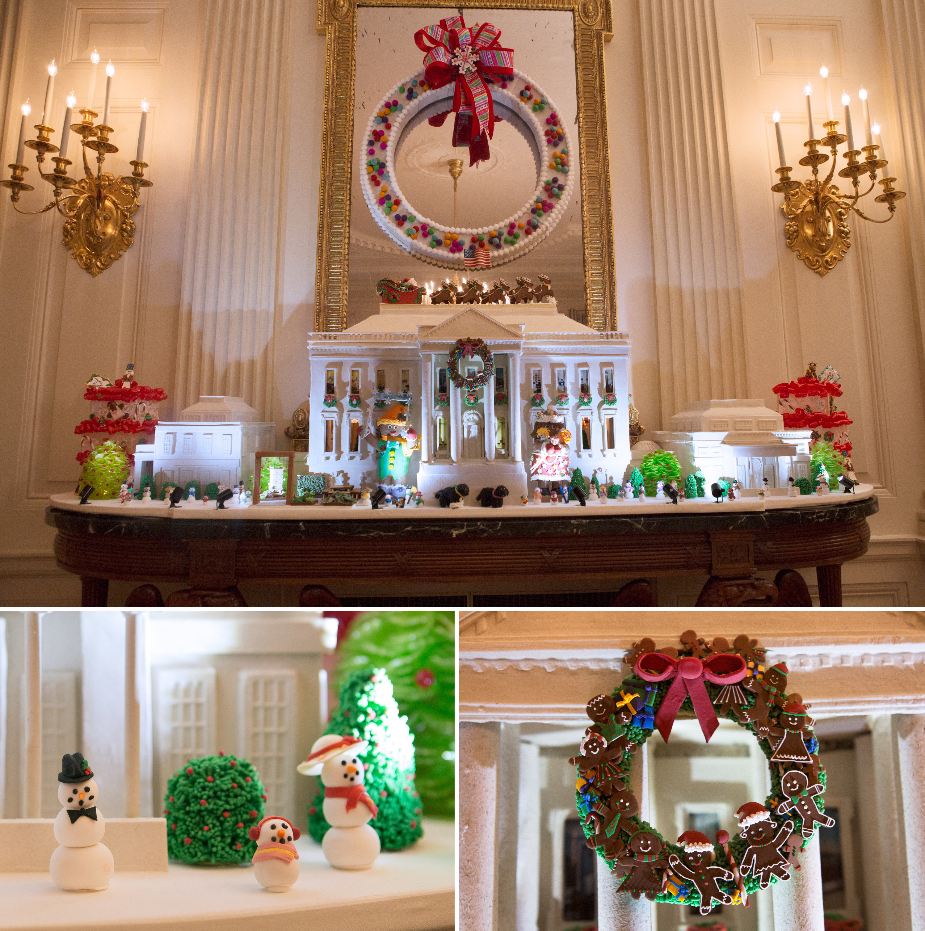 This year's White House Gingerbread House is made with 150 pounds of gingerbread, 100 pounds of bread dough, 20 pounds of gum paste, 20 pounds of icing and 20 pounds of sculpted sugar pieces. It also features both the East and West Wings. (NPR)