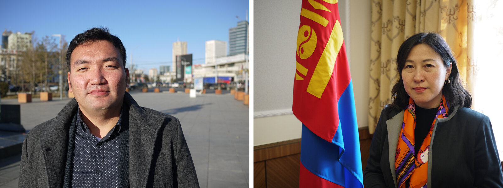 (Left) Mogi Bontoi runs the market intelligence firm Cover Mongolia. He says the country is likely to default on billions of dollars' worth of loans. (Right) Undraa Agvaanluvsan, elected to Mongolia's parliament in June, vows to help Mongolia climb out of its massive debt problem. Rob Schmitz/NPR