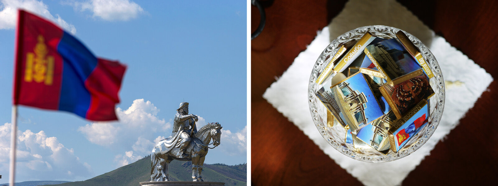 (Left) A Mongolian national flag flies near a Genghis Khan statue – the world's largest equestrian statue – in Tsonjin Boldog, Mongolia, on July 16. (Right) Chocolates are displayed for visitors to Mongolia's Government Palace in Ulaanbaatar.
Joel Saget/AFP/Getty Images and Rob Schmitz/NPR.