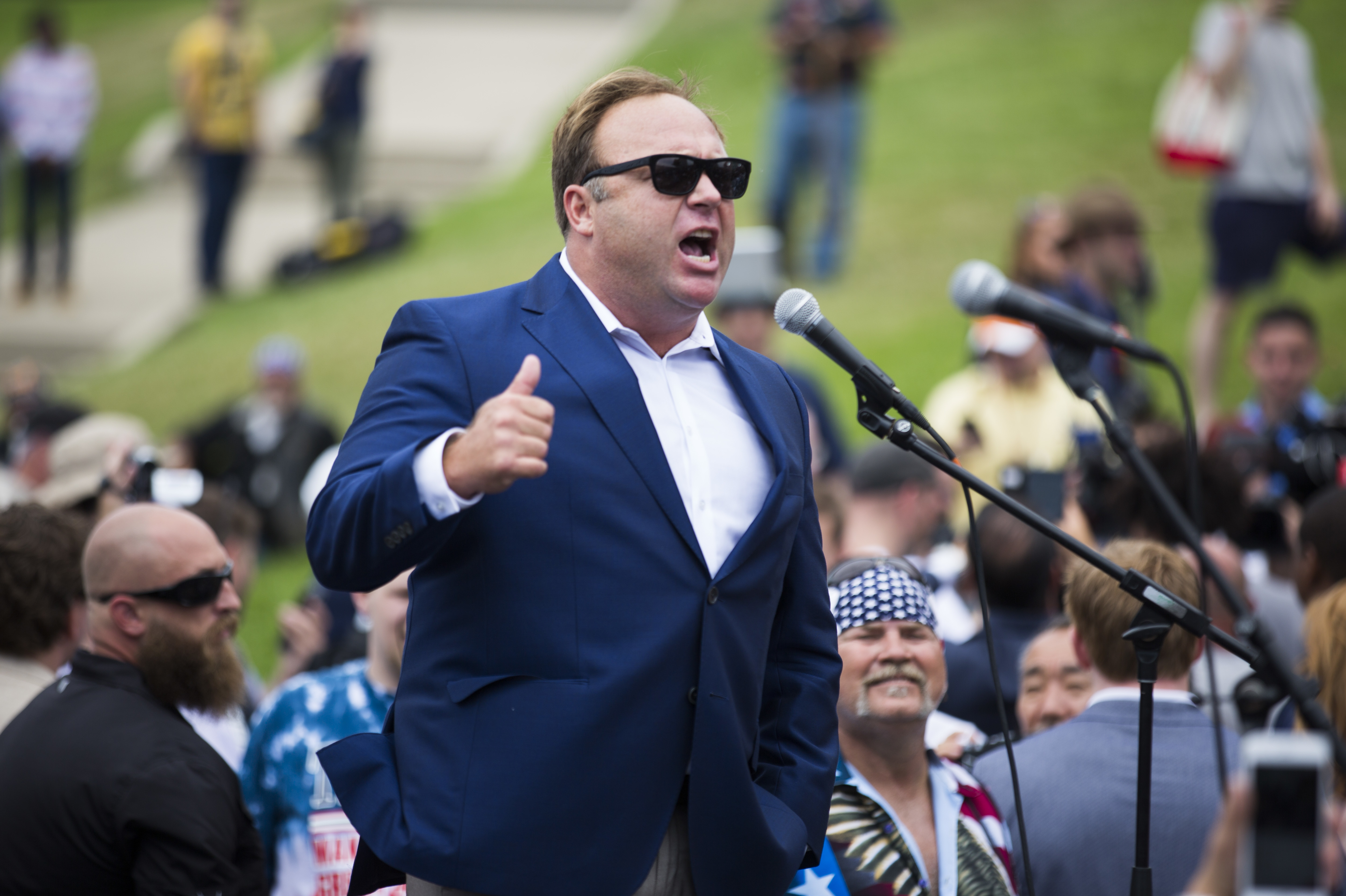 Radio talk show host Alex Jones speaks during a rally in support of Donald Trump near the Republican National Convention in Cleveland on July 18. (Getty Images)