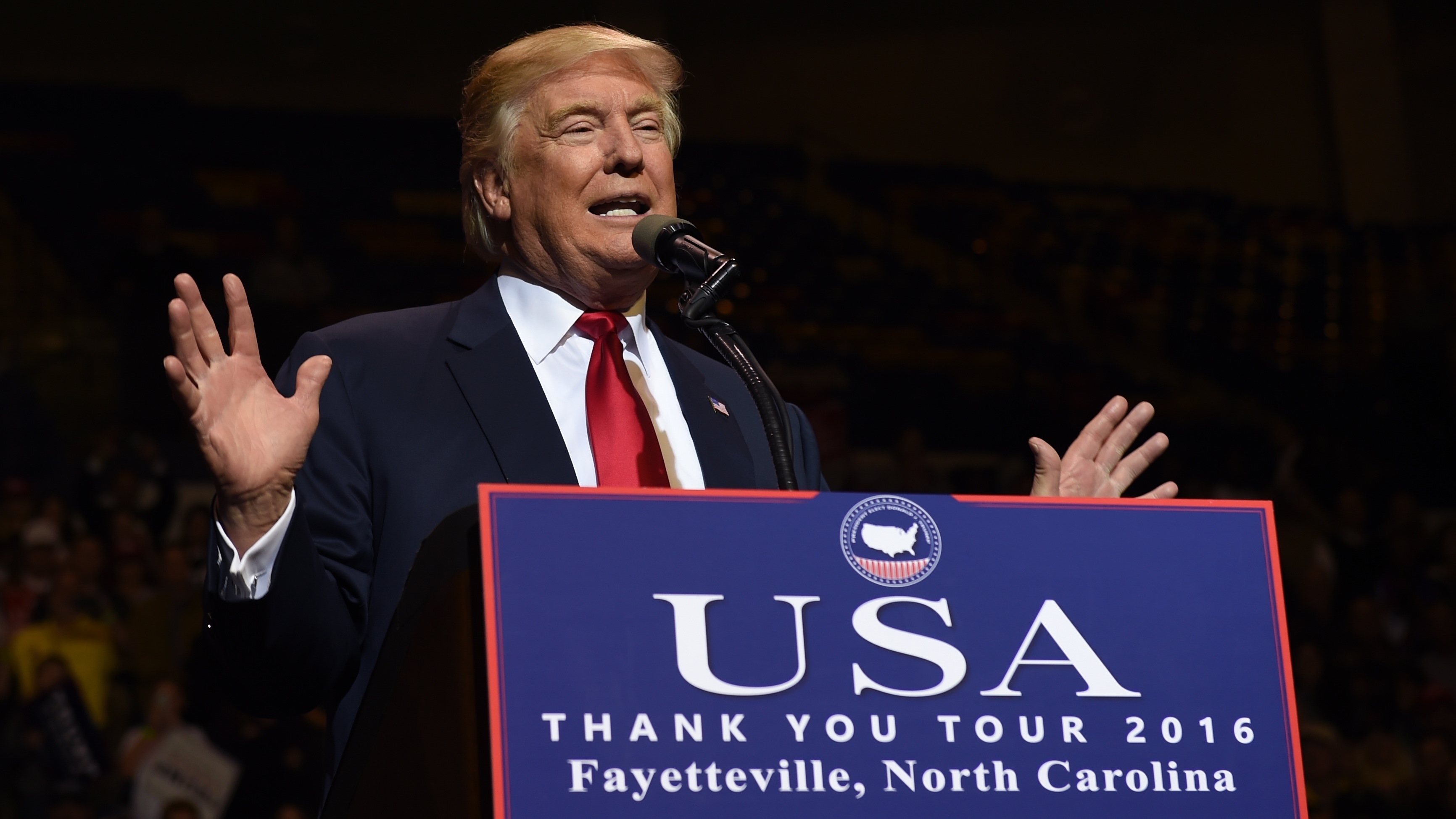 President-elect Donald Trump speaks on Dec. 6 in Fayetteville, N.C., a stop on his postelection &quot;Thank You&quot; tour of swing states that voted for him. (AFP/Getty Images)