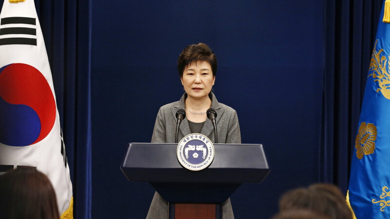 South Korean President Park Geun-hye is shown during a Nov. 29 televised address. The country's first female leader was impeached on Friday. AP.