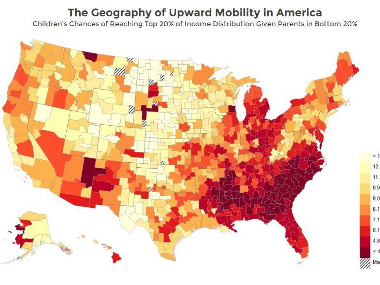 A map of the U.S. shows children's chances of moving from the bottom fifth of income levels to the top fifth. Credit: Equality of Opportunity Project.