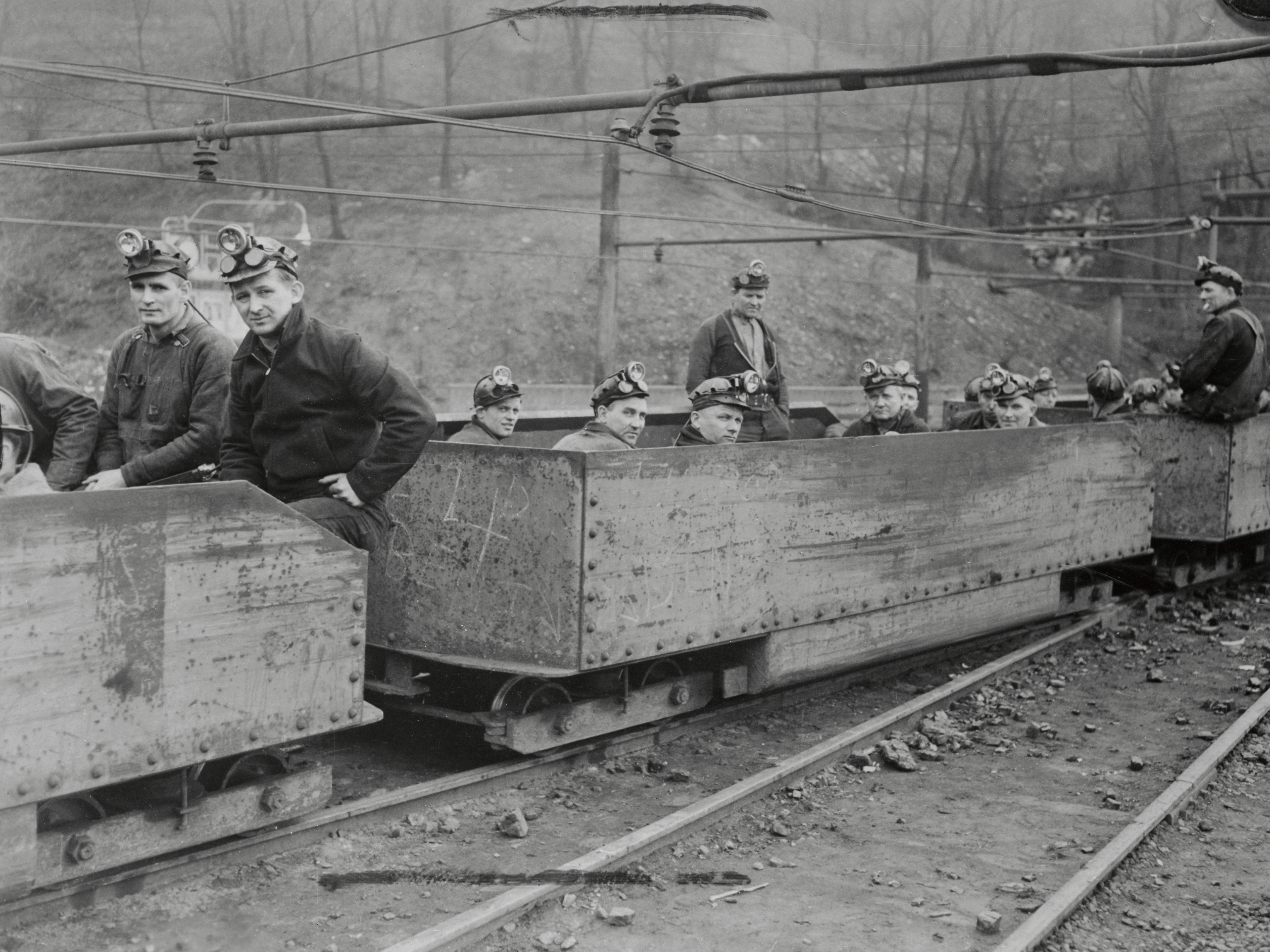 Coal miners return to work near St. Clairsville, Ohio, after a month's shutdown during union contract negotiations in May 1941. For decades, coal has fueled the economy in Belmont County, where St. Clairsville is located, and beyond. (Bettmann Archive/Getty Images)