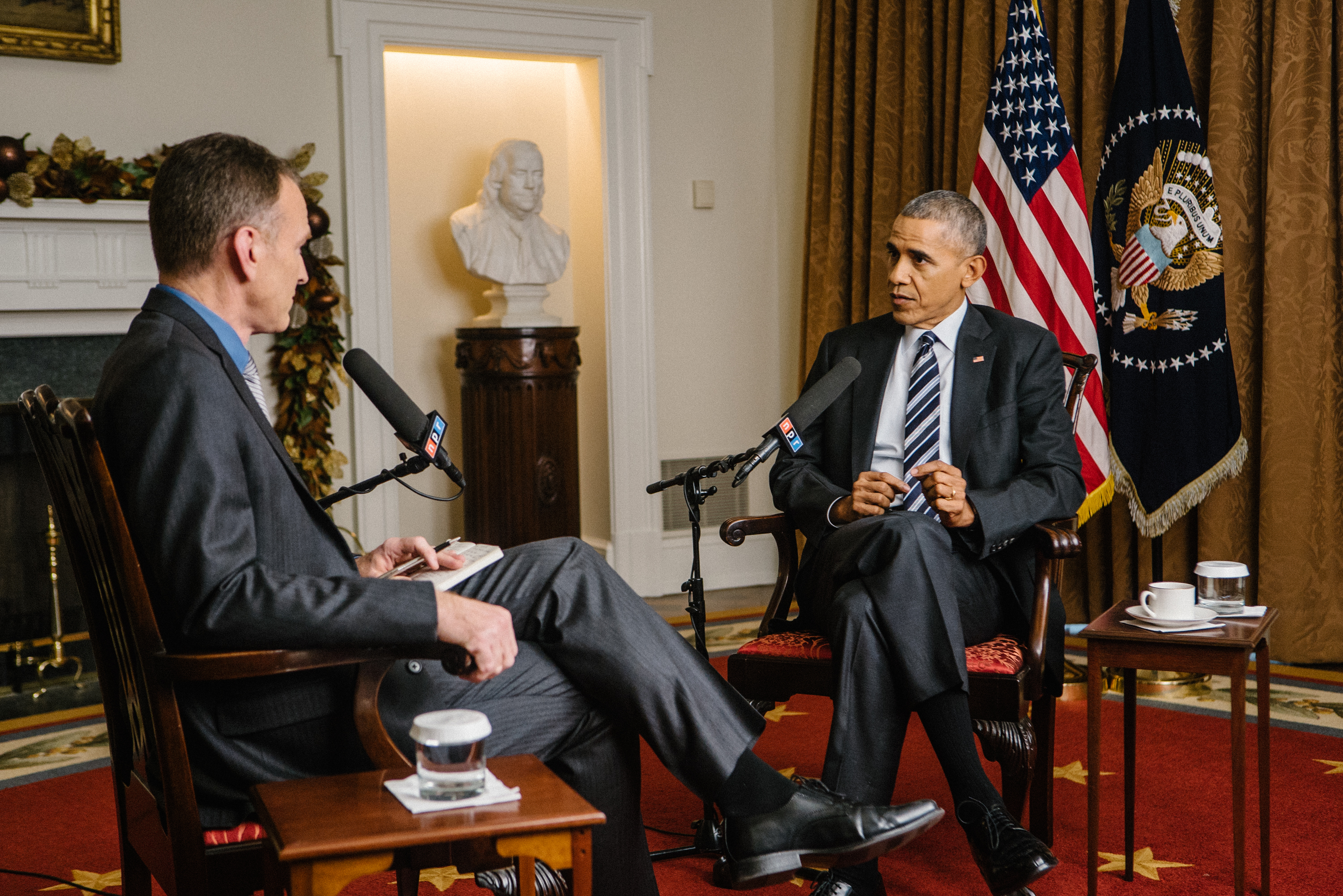 NPR's Steve Inskeep interviews President Obama in the Cabinet Room of the White House on Thursday. (NPR)