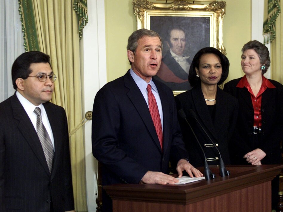 George W. Bush holds a press conference Dec. 17, 2000, where he named Alberto Gonzales chief White House lawyer, Condoleezza Rice (next to Bush) national security adviser and Karen Hughes (far right) counselor. (J. Scott Applewhite/AP)