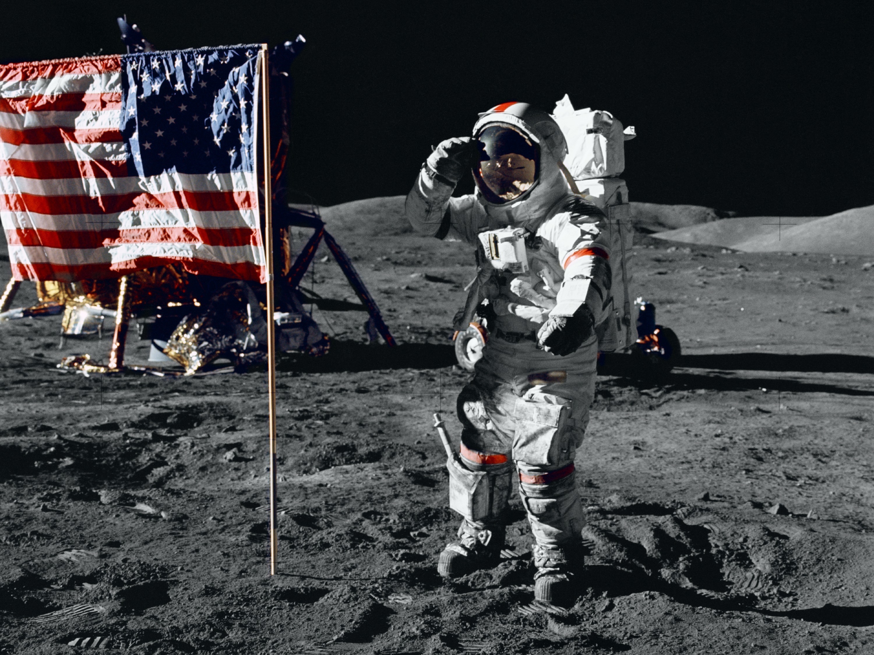 Astronaut Gene Cernan salutes the U.S. flag during his moonwalk in 1972. No one else has been there since Apollo 17 left. (NASA)