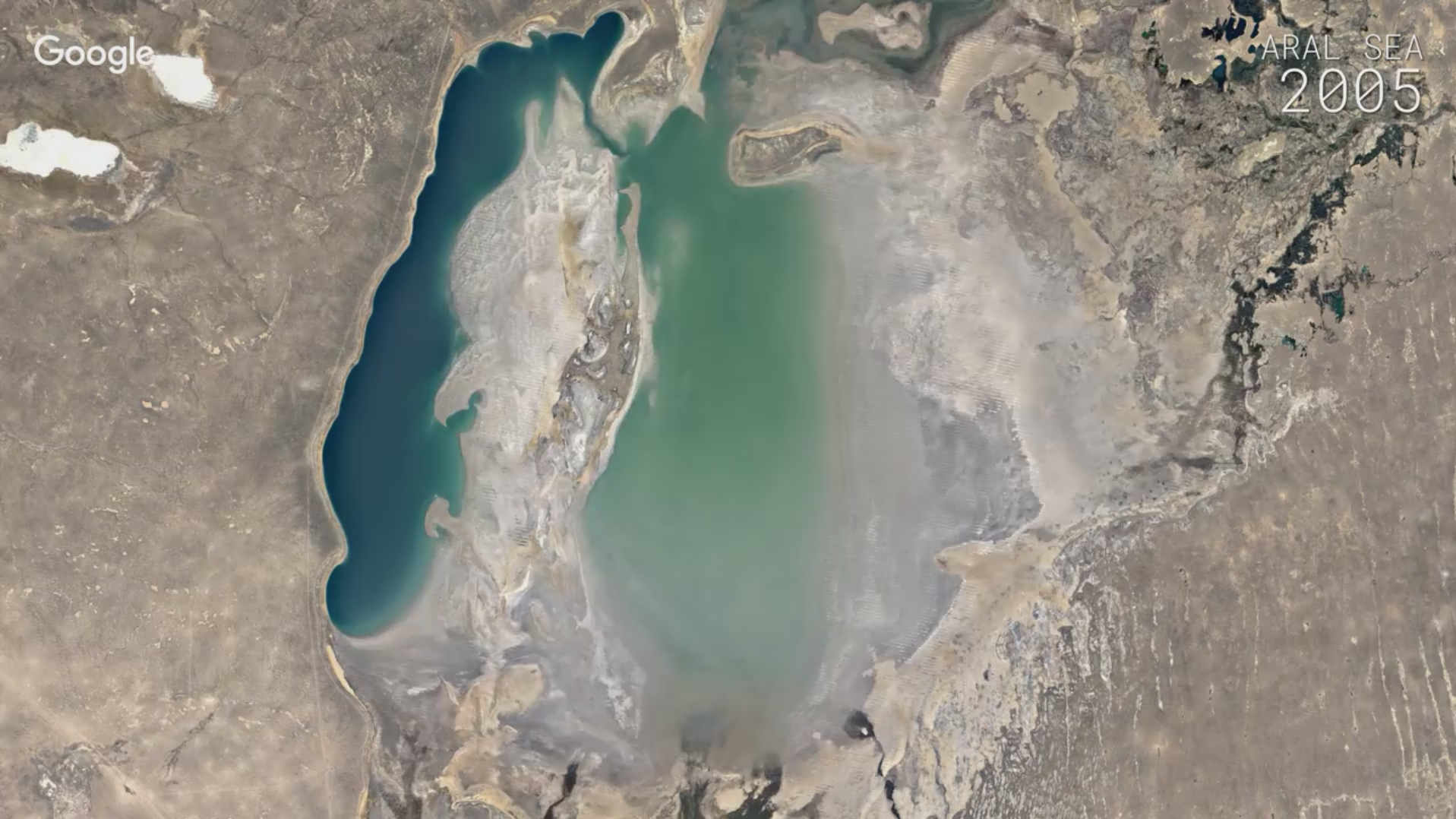 Google Earth's time-lapse videos show see how the planet's surface has changed over time — like the evaporation of the Aral Sea (above). (Screenshot by NPR)