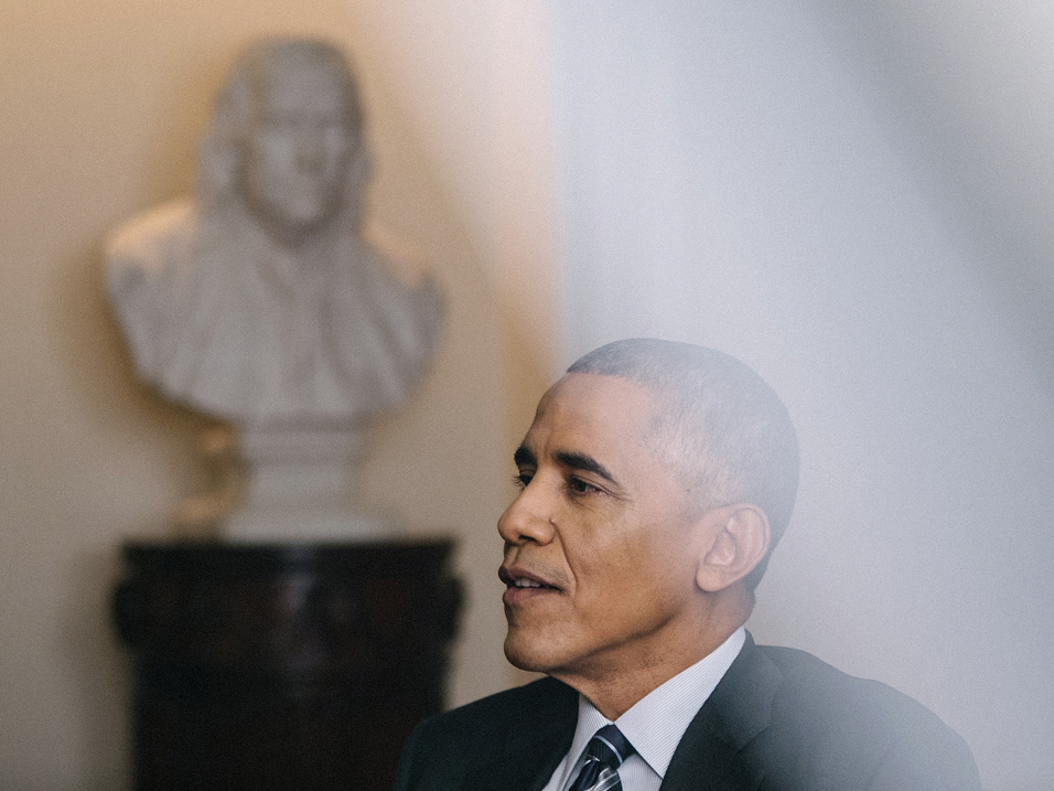 NPR's Steve Inskeep interviews President Obama in the Cabinet Room of the White House on Dec. 15. The president said Democrats have &quot;ceded too much territory&quot; to Republicans in local races. (NPR)
