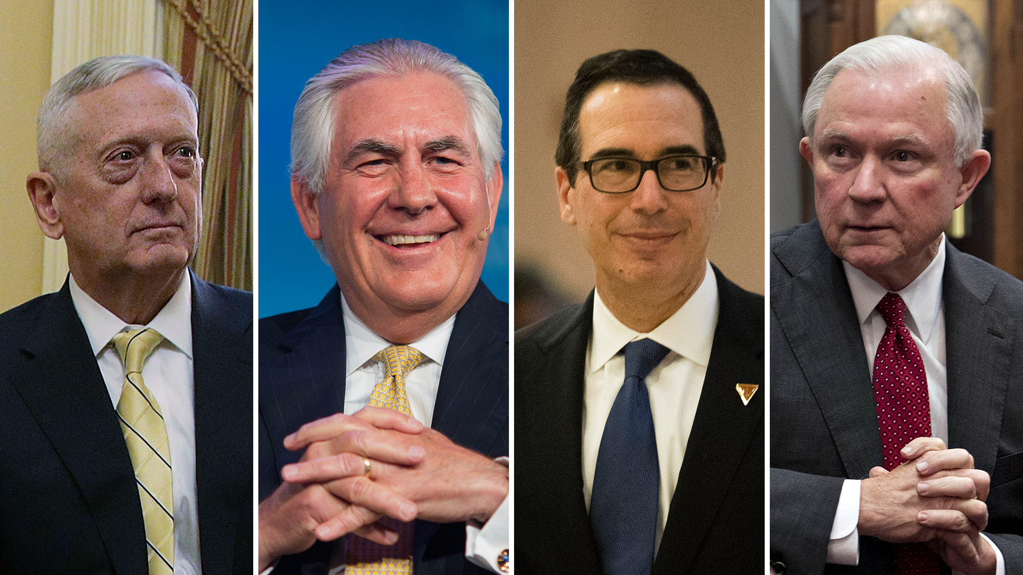 From left: Retired Marine Gen. James Mattis, former Exxon Mobil CEO Rex Tillerson, Steve Mnuchin and Sen. Jeff Sessions have all been nominated to high-profile positions in President-elect Trump's Cabinet. (Alex Wong/Getty Images; F. Carter Smith/Bloomberg via Getty Images; Drew Angerer/Getty Images; Andrew Harrer/Bloomberg via Getty Images)