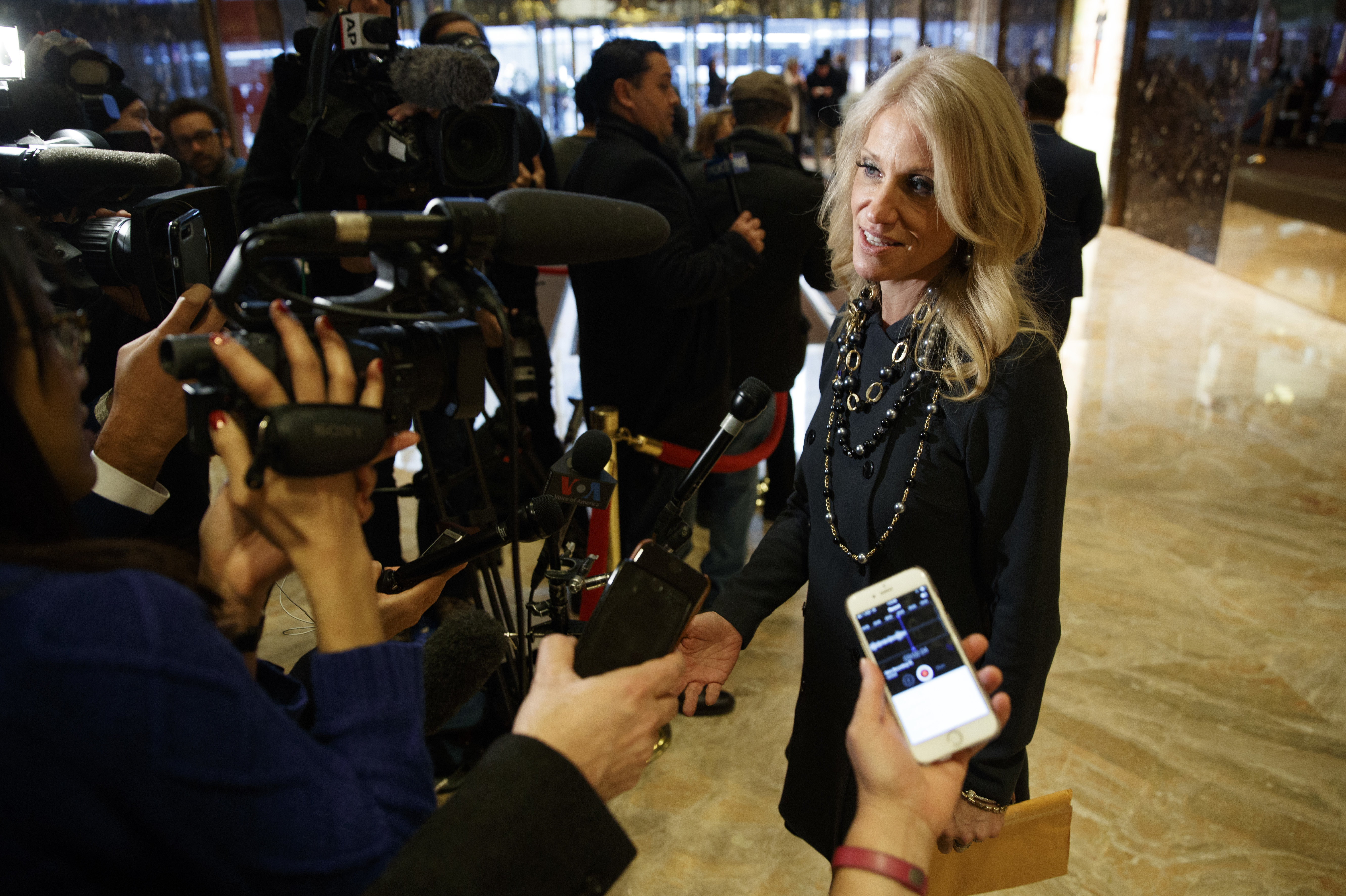 Kellyanne Conway, campaign manager for President-elect Donald Trump, speaks with reporters in the lobby of Trump Tower in New York last week.