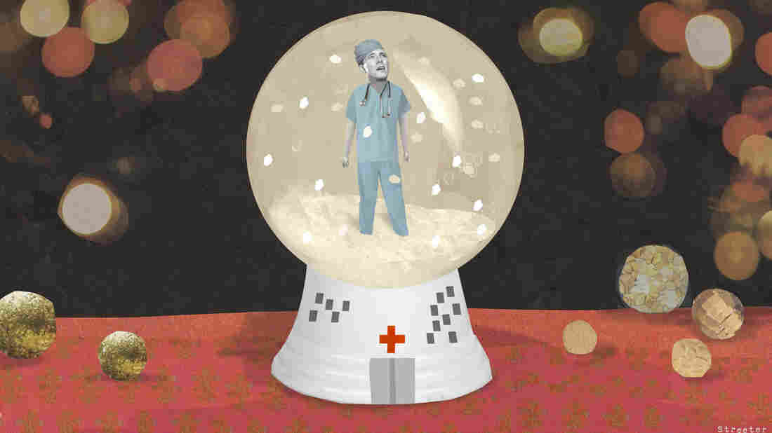 Illustration of a young doctor trapped in a snowglobe by Katherine Streeter for NPR.