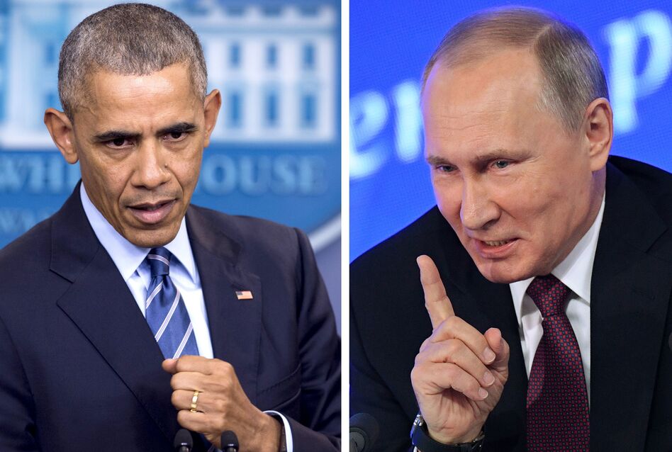 President Obama speaks at the White House on Dec. 16; Russian President Vladimir Putin speaks in Moscow on Dec. 23. The U.S. announced sanctions against Moscow on Thursday, and the Kremlin responded Friday. (Saul Loeb/AFP/Getty Images)
