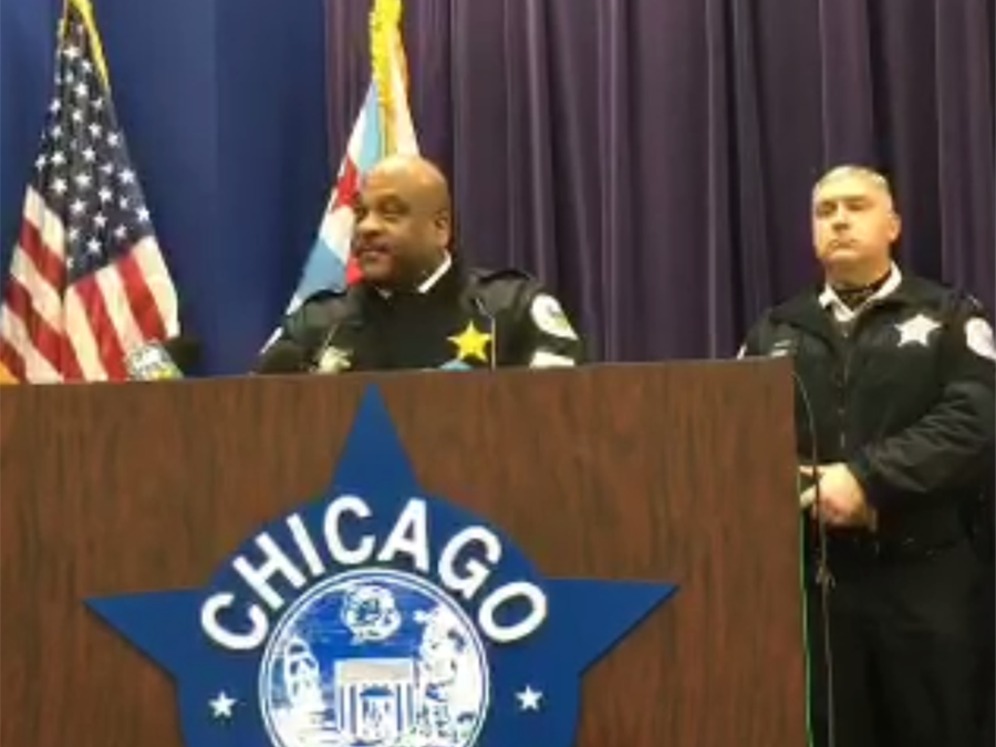 A screenshot shows the Chicago Police Department's Wednesday news conference, where Police Superintendent Eddie Johnson (left) discussed a violent attack that was live-streamed on Facebook. Johnson called the assault &quot;sickening.&quot; (Courtesy of Chicago Police Department)